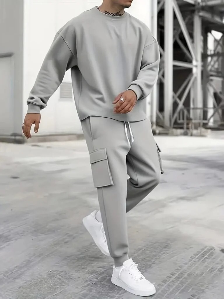 Men’s Light Gray Cargo Sweat 2-Piece Set
